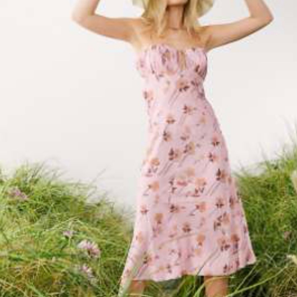 ASOS DESIGN floral satin bias cut midi slip dress with ruched bust detail